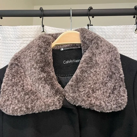 Calvin Klein Black Trench Coat with Brown Faux Fur Collar - Picture 3 of 5